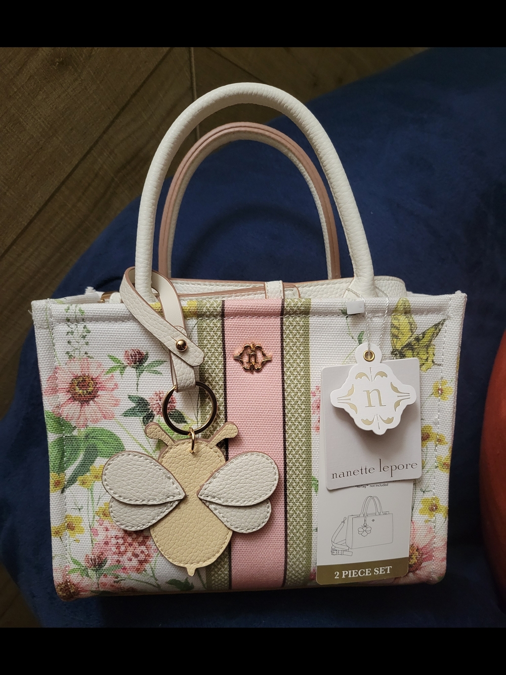 Nanette Lepore "Sanctuary Garden" Floral Tote with Pink & Olive Stripe Design